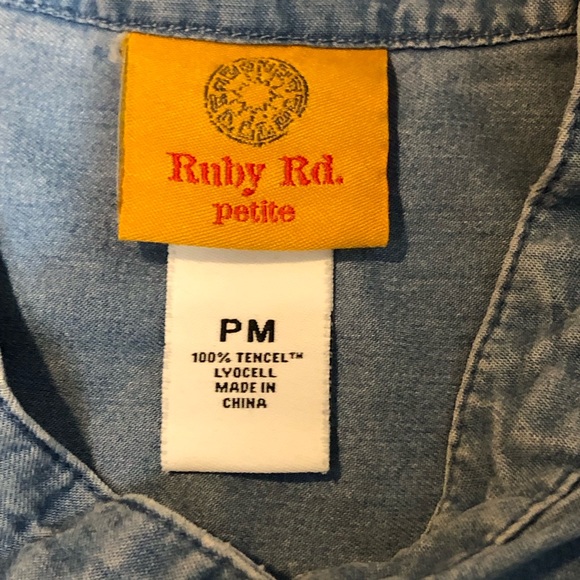 Ruby Rd. Denim Embroidered Tie Button Blouse - Picture 4 of 10